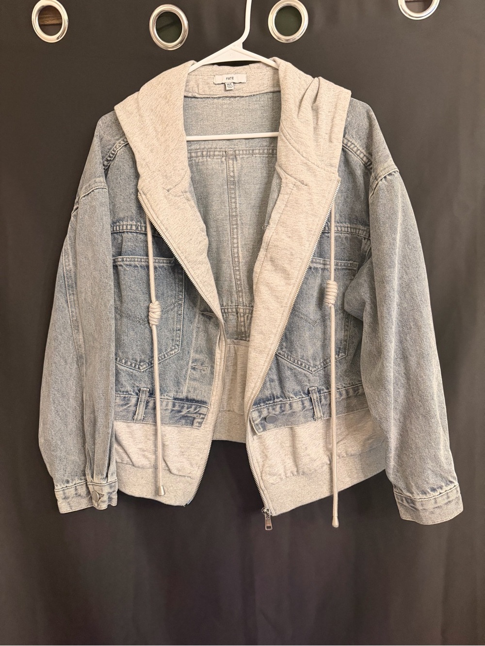 Fate Light Blue Oversize Denim Jacket with Gray Hooded Knit Size M/L Like New